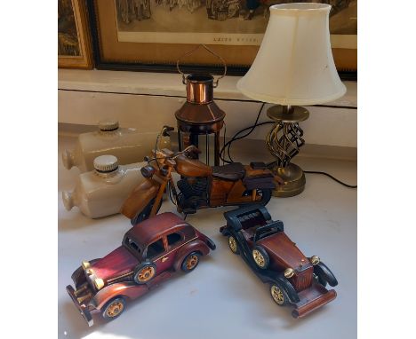 Collection of vintage wooden cars, bike, Two ceramic water bottle together with lamp and candle lantern 