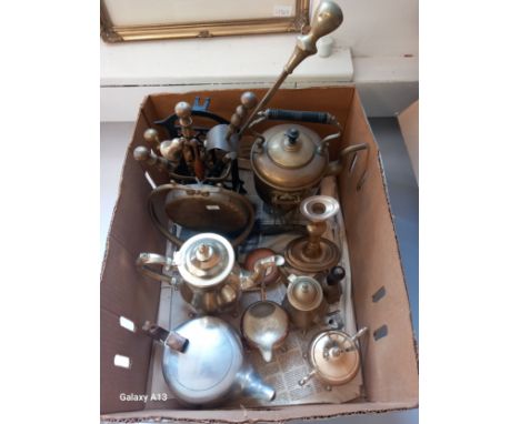 Collection of various plated ware to include candlestick, fireside kettle, gong and fire tools 