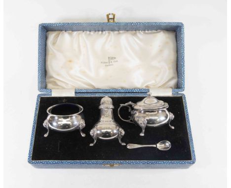 Walker and Hall, London, silver boxed cruet set, London 1957 and 1959, one plated mustard spoon