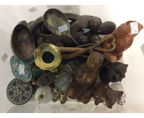 A collectors lot including a 19th Century enamel cartouche, shaped snuff box, floral decoration, a capodimonte box and cover,