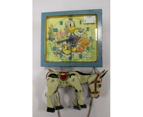 Circa 1950's Muffin the Mule puppet, with Glen, Children's clock, Donald Duck nodding head (2)