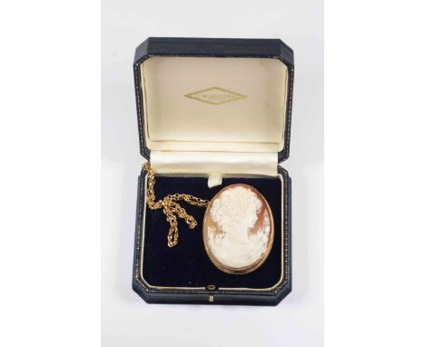 A large cameo brooch/pendant depicting female silhouette, encased in a 9ct gold mount with rope edge,  approx 45mm x 58mm on 
