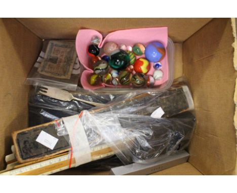A collectors lot including marbles, automobile club guides, rulers etc