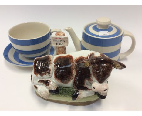 T.G Green Cornish Blue large cup and saucer and teapot and a figurine limited edition 251/2500 "Beware of the Bull" by Royal 