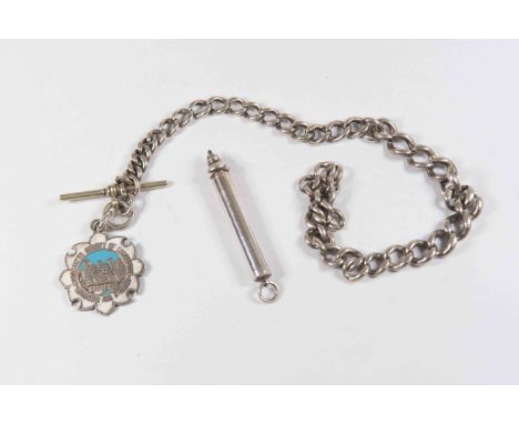 Silver fob chain and railway medallion, and propelling pencil