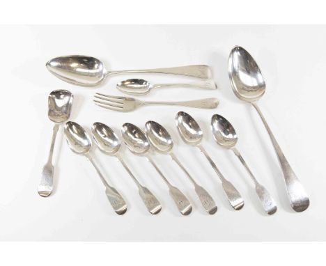 A silver caddy spoon, 0.90 ozt approx, a silver fork 1.14 ozt approx, two silver serving spoons 4.05 ozt approx, and seven si