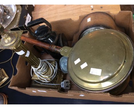 Lucas HC14 headlight, brass column lamp stand, copper and brass warming pan, brass ship clock, tortoiseshell small clock, han