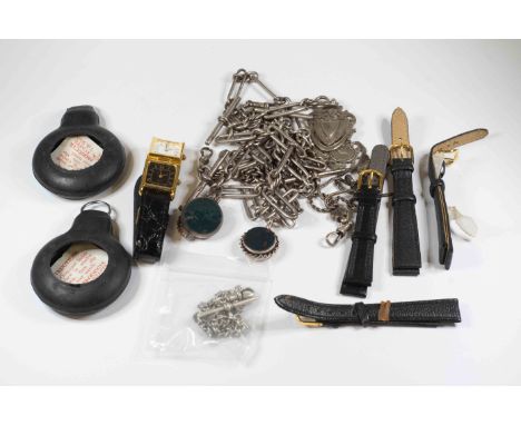 Four silver Albert fob watch chains, together with a wristwatch and straps and a small silver cased compass with hard stone r