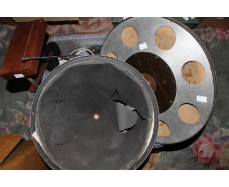 A 14.5 inch (37cms) Blue Spot cone speaker, four French voltmeters, a spectrometer with light working and other items. [1 box