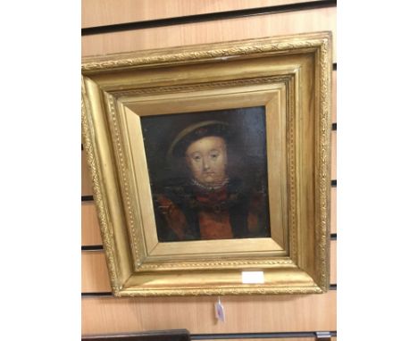 18th Century English School, Portrait of Henry VIII, head and shoulder wearing regal costume, oil on wood panel, 25cm x 22cm.