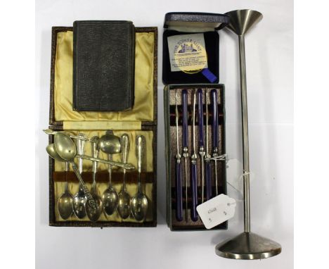 A WWI soldiers bible with name, regiment, date; a medallion, box set of 1920's purple handled knives, spoons and a 1960's S/S