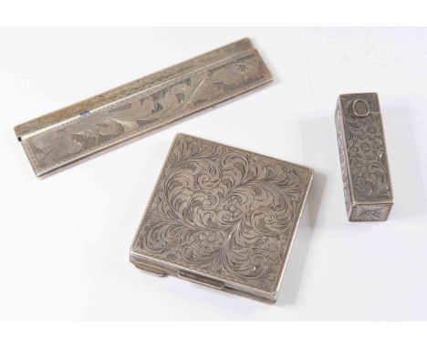 A powder compact, lipstick holder and cased comb all 800 continental silver, with engraved floral motifs a/f, combined total 