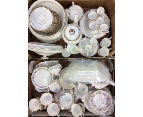 Wedgwood Hathaway Rose, tea set, with plates etc, Royal Albert tea set white background with pink, purple floral border decor