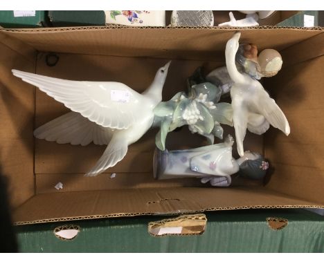 Lladro dove group figure 4550, 2 further Lladro girl figurines, one Oriental girl 6151 and a young girl with a basket of oran