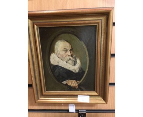 Philippe Pavey, portrait of a bearded gentleman peering through an oval aperture, with hand outstretched, and wearing a white