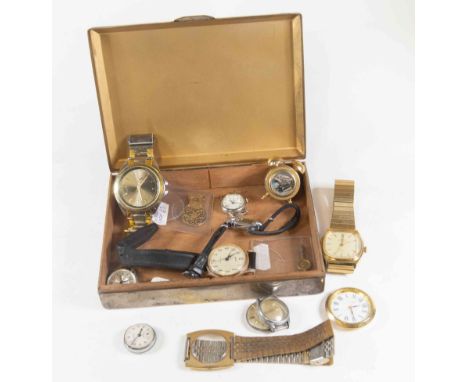 Assorted gents and ladies wrist watches and parts etc, to include Timex and Smiths, in a silver plated cigar box  