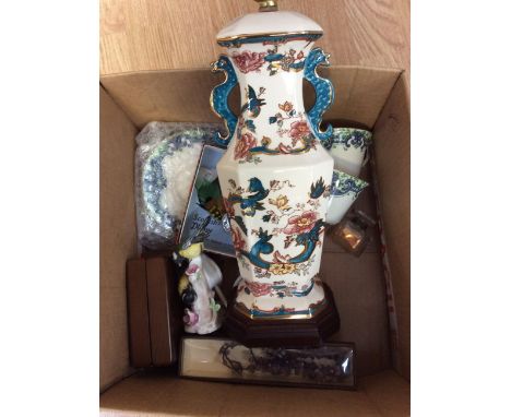 Masons lamp base, Two Worcester cup and saucers, Joy scent bottle, amethyst necklace etc 