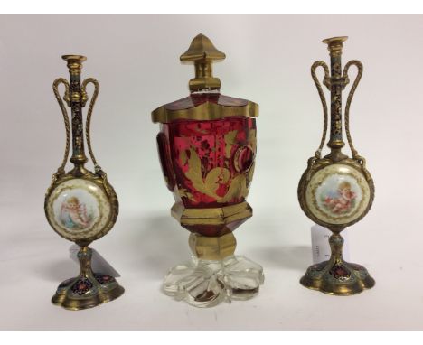 A Bohemian glass urn and cover, ruby body with gilt decoration together with a 19th Century gilt metal Cloisonne and enamel g