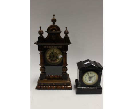 19th Century black slate mantle clock and a German stained wood mantle clock