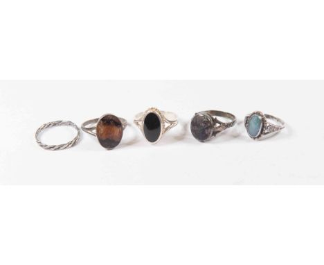 A silver and Blue John ring, a silver and Whitby Jet ring, silver and triple opal ring, etc (5)