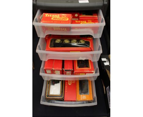 A box of 00 scale model railway locos and wagons to include boxed Triang