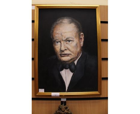 Late 20th Century portrait, oil on board, of Winston Churchill, signed Wetherell 12  