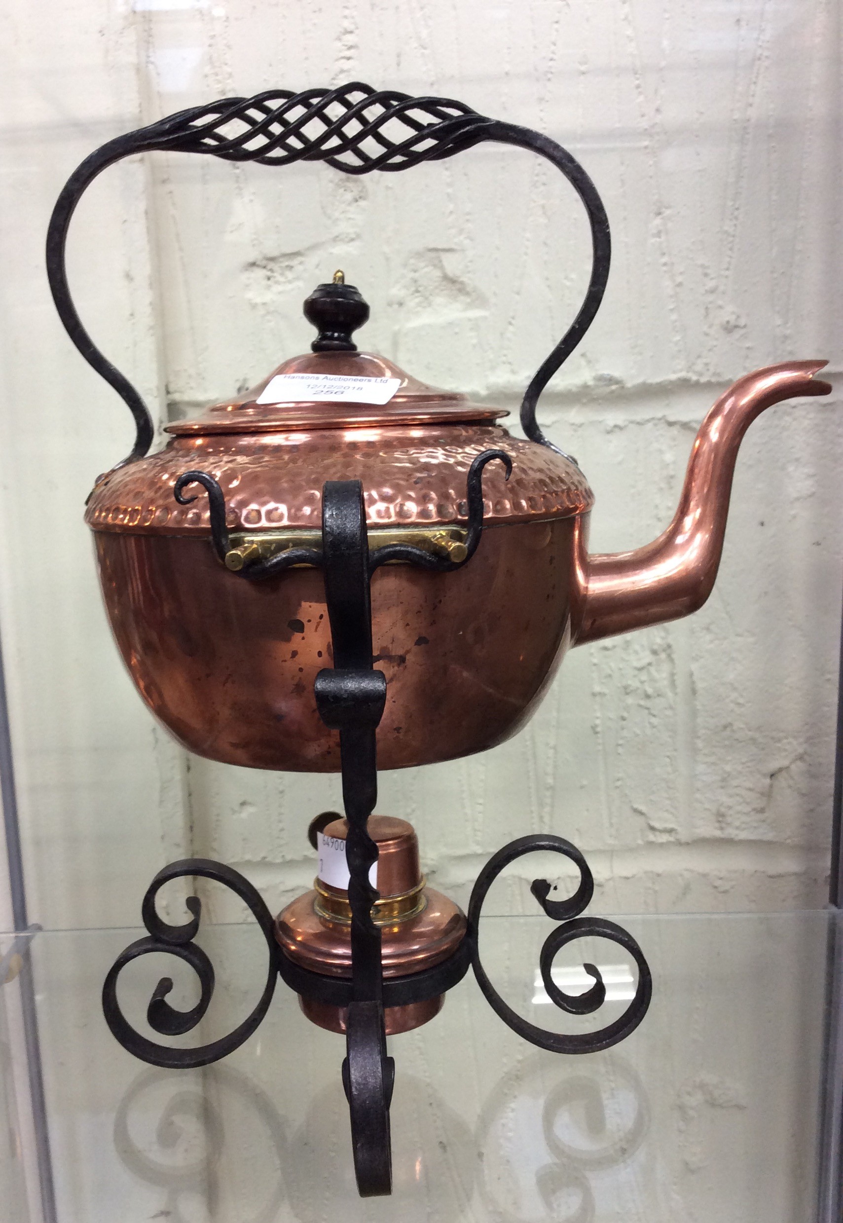A copper spirit kettle with wrought iron, Henry Loveridge planished