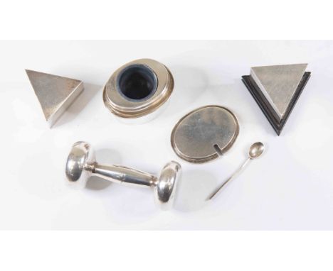 A continental white metal and ebonized triangular box, height approx 60mm x width 35mm, along with an oval white metal mustar