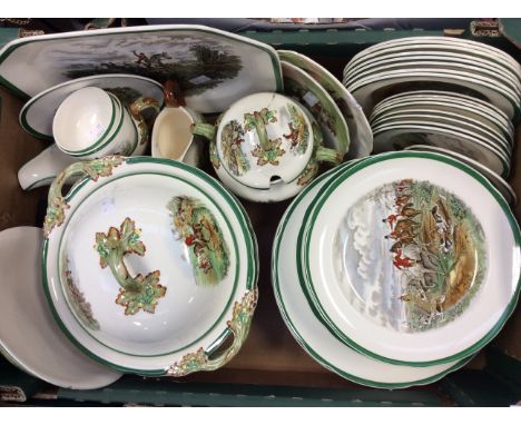 A box of Spode and Copeland Spode hunting scene dinner wares from the Hunt pattern number 2/9265, taken from the original dra