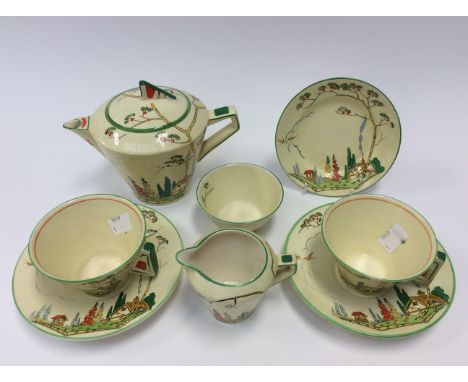 Art Deco 1930's tea service (for two) by Norman, comprising of two tea cups and saucers, milk jug, sugar basin, side plate an