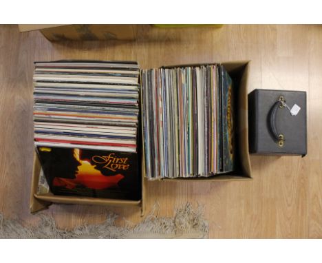 Two boxes of assorted vinyl records, by various singers, including John Denver, The Beatles, ABBA, The Carpenters, Michael Ja