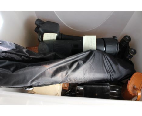 A box of assorted items including compass, Miners Davy lantern, 20-60x60 Spotting scope, Binocular telescope, Binoculars, a t