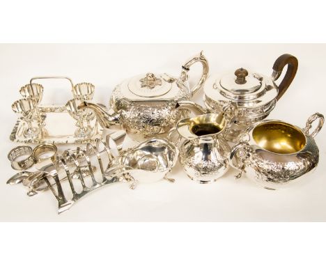 A box containing a collection of silver plated ware including a three piece tea service a pedestal teapot, a cream jug, an ar