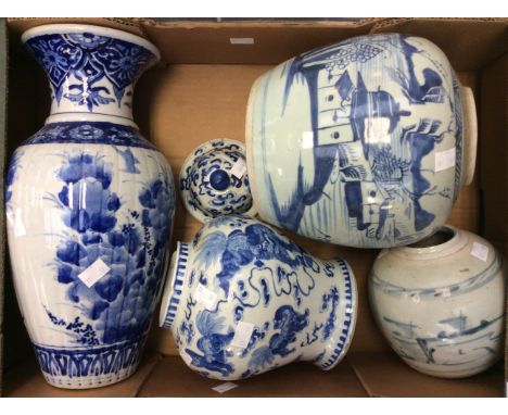 A collection of Chinese blue and white including two ginger jars, a baluster jar and cover, two baluster vases, a Famille Ver