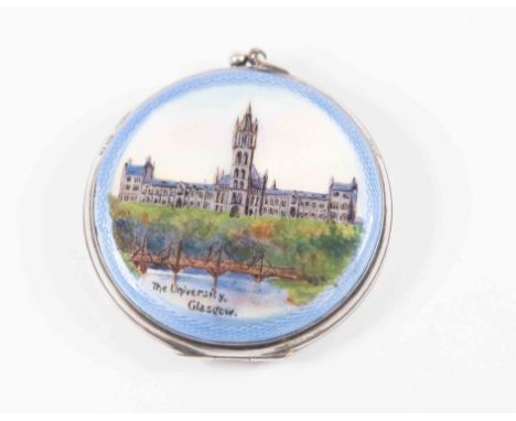 A silver enamelled powder compact, engine turned and decorated with "The University of Glasgow"