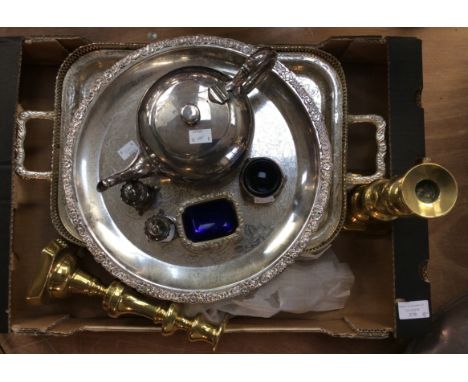A pair of early 19th Century brass candlesticks, with candle discharge spike, under, together with a mid 19th Century EPNS te