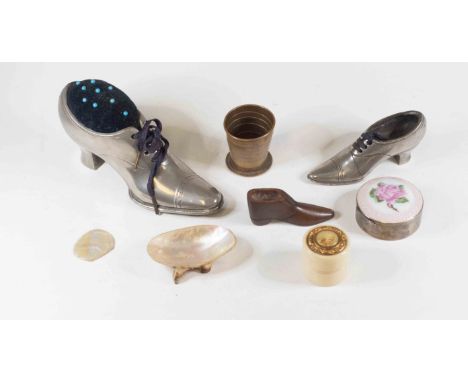 Small sterling and enamel silver box, Bakelite box and cover, metamorphic beaker, A Balon and Shell, and two medals along wit