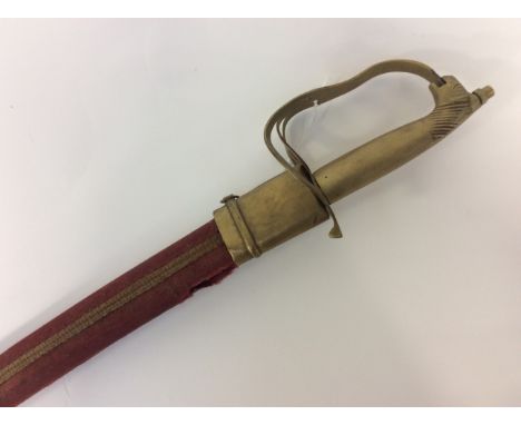 An Indian early 20th Century Sabre steel blade brass guard and horse designed handle Scabbard, red cloth over wood