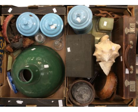 A collectors lot including; green lamp shade, green marble ink stand, conch shell, wooden pail on stand, glassware, ceramic h