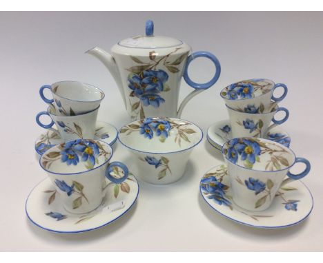 A Shelley W12055/W pattern, six piece tea set including tea cups, saucers, sugar bowl, and tea/coffee pot (milk jug missing) 