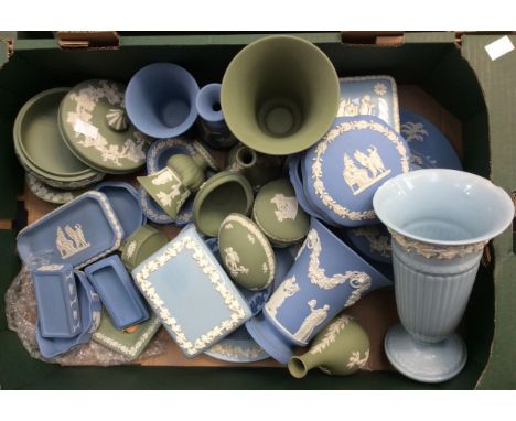 A quantity of Blue and Green Wedgwood Jasperware and Etruria Wares, vases, trinket boxes, small plates etc (1 box)