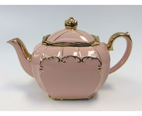 Saddlers Pottery, pink/gold trim, teapot. 1930/40