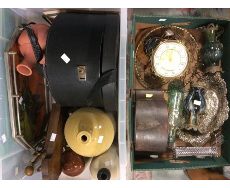 Assorted lot to include vintage beer flagon, Royal Doulton ceramic hot water bottle, Edwardian oak mounted clock, Smiths elec