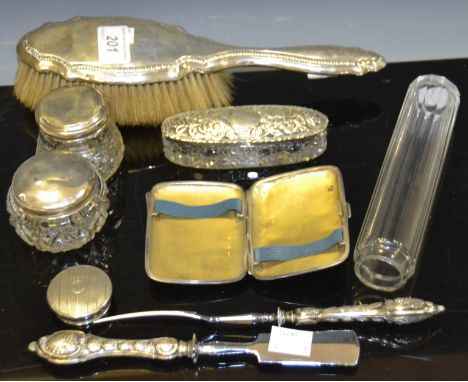 Silver - an engine turned cigarette case, cartouche engraved Louie; etc 