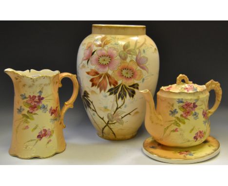 Ceramics - a Royal Bonn floral vase lampbase, printed marks, pat 2235;  a Keeling & Co late Mayers teapot, stand and water ju