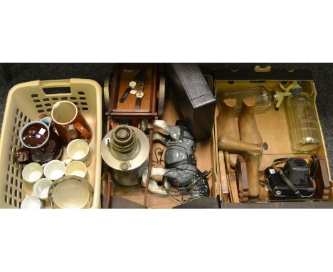 Household - a grey shire horse and cart;  Zenith SLR camera-  Denby and other ceramics- paraffin lamp, type writer etc qty