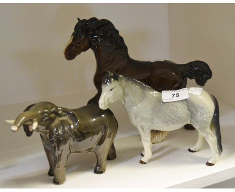 A Beswick Elephant raised trunk; a Beswick bay Shire Horse; a Melba grey Fell Pony (3)