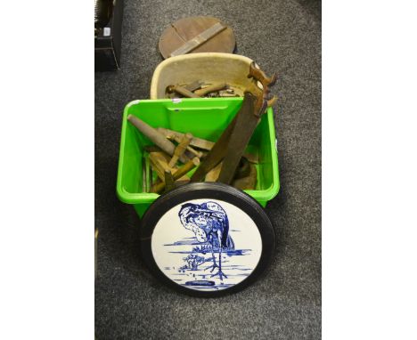 Tools - A Victorian hand saw; a treen vice; various cast cobblers shoe lasts; sharpening stones, etc (1 box)