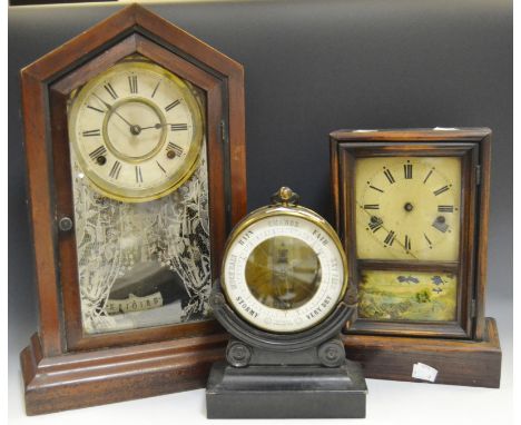 An Ansonia mantel clock; another (faults); a Metallic barometer, ebonised stand (3)