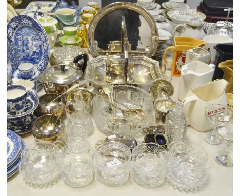 Silver plated ware and glassware - an Art Deco christening mug; a silver plated tray; teapot; swing handled cake basket; cut 